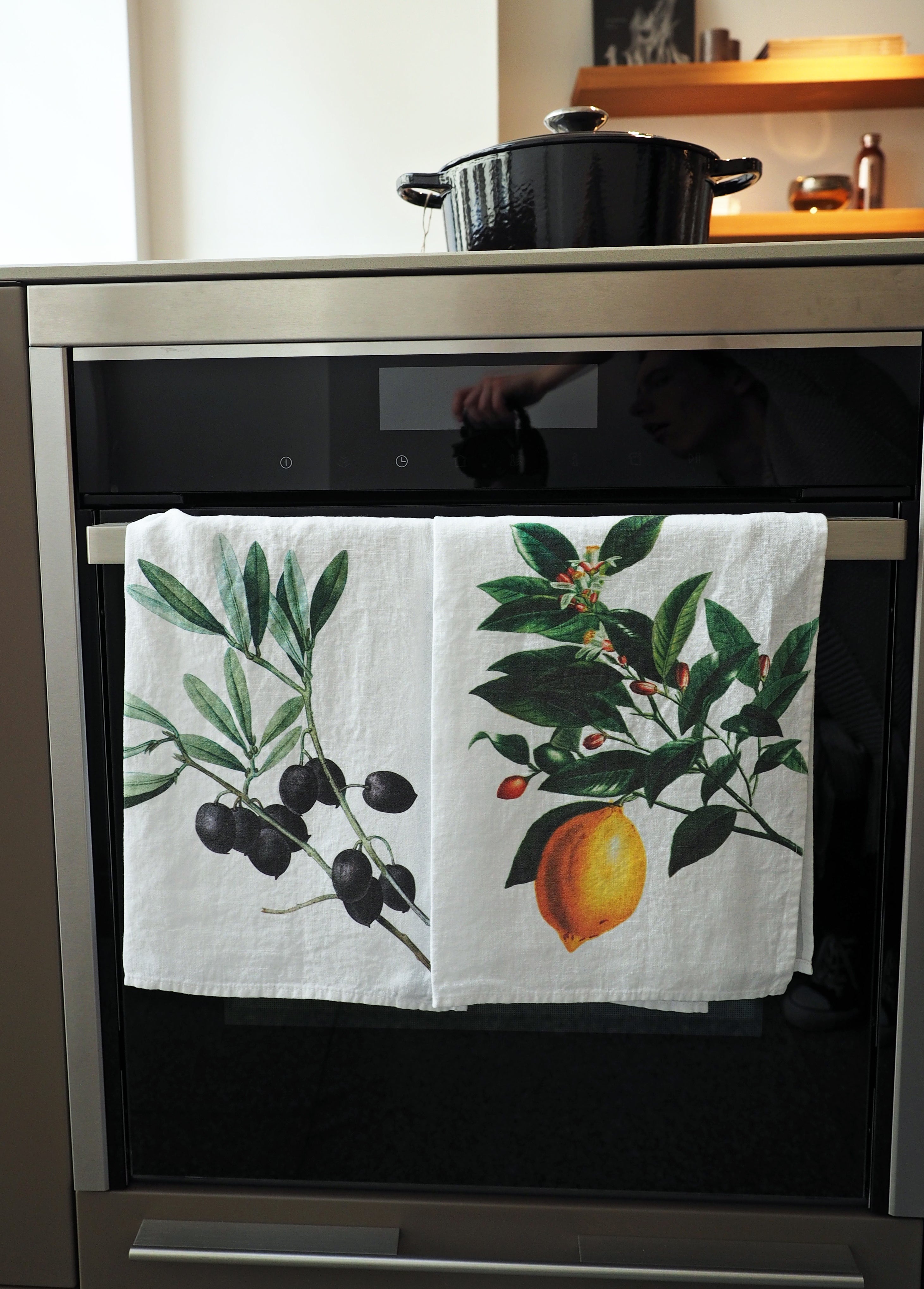 Linoroom "Olives & Lemon," Pair of pure linen printed tea towels.