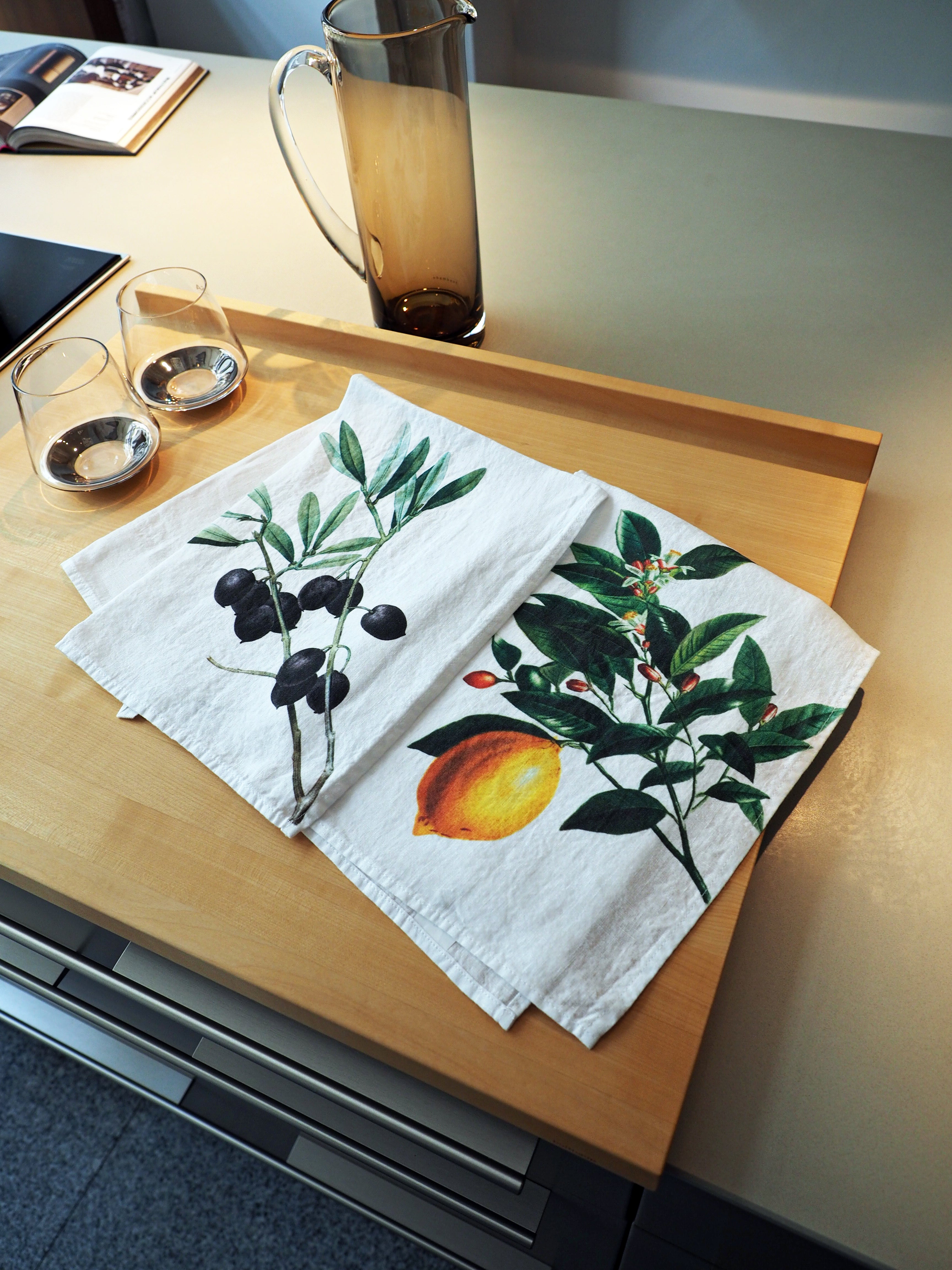 Linoroom "Olives & Lemon," Pair of pure linen printed tea towels.