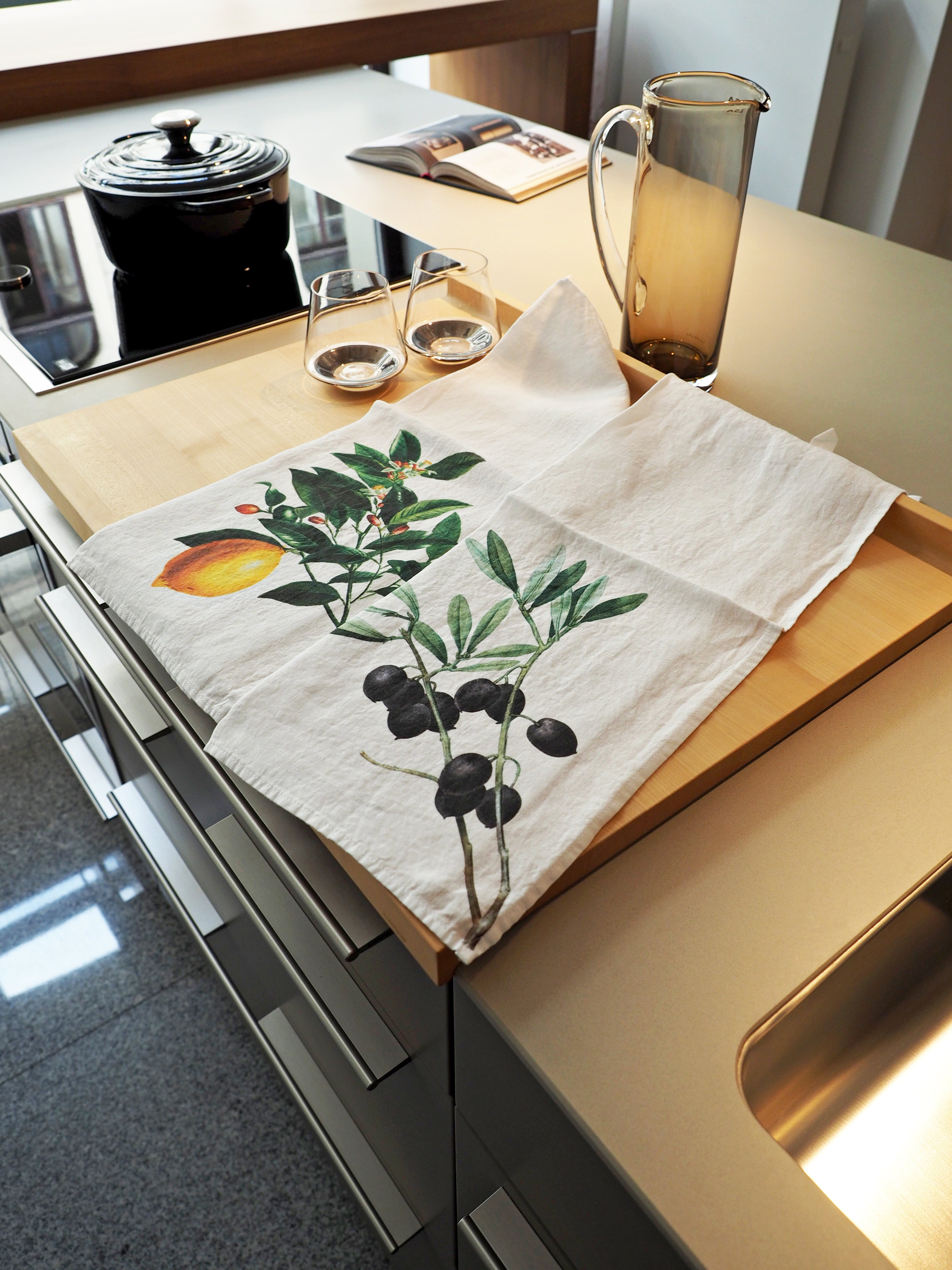 Linoroom "Olives & Lemon," Pair of pure linen printed tea towels.