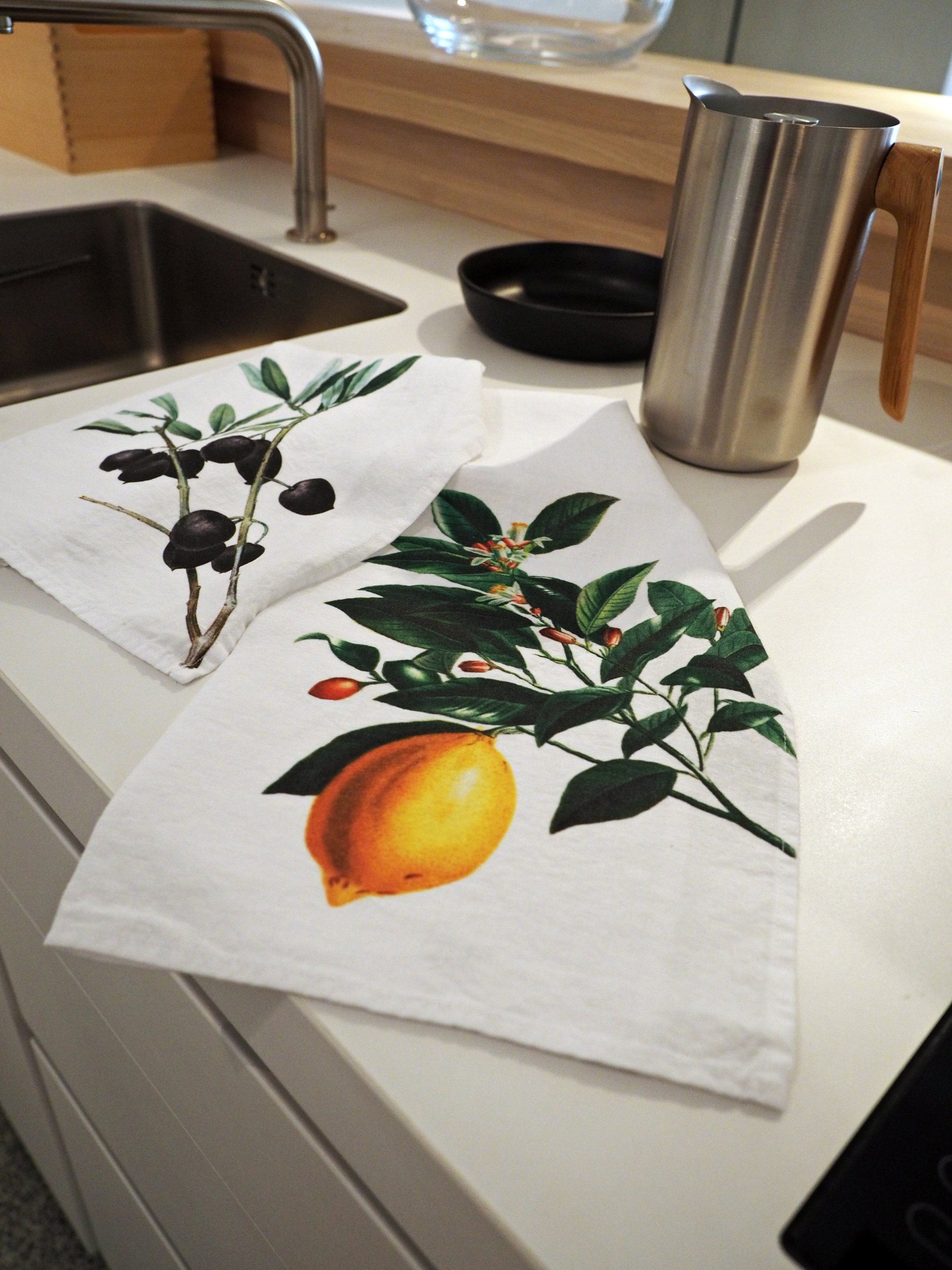 Linoroom "Olives & Lemon," Pair of pure linen printed tea towels.