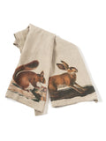 Linoroom “Squirrel & Hare,” Pair of pure linen printed tea towels.