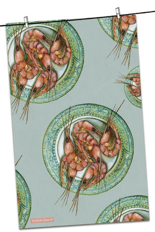 Emma Ball "Caroline Cleave Plated Prawns", Pure cotton tea towel. Printed in the UK.