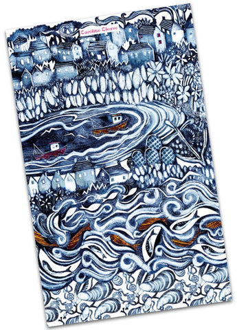 Emma Ball "Caroline Cleave Fishing Village", Pure cotton tea towel. Printed in the UK.