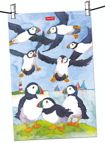Emma Ball "Seaside Puffins", Pure cotton tea towel. Printed in the UK. - Home Landing