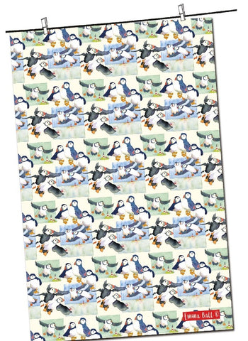 Emma Ball "Repeat Puffin", Pure cotton tea towel. Printed in the UK. - Home Landing