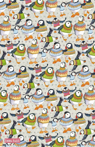 Emma Ball "Woolly Puffins", Pure cotton tea towel. Printed in the UK. - Home Landing