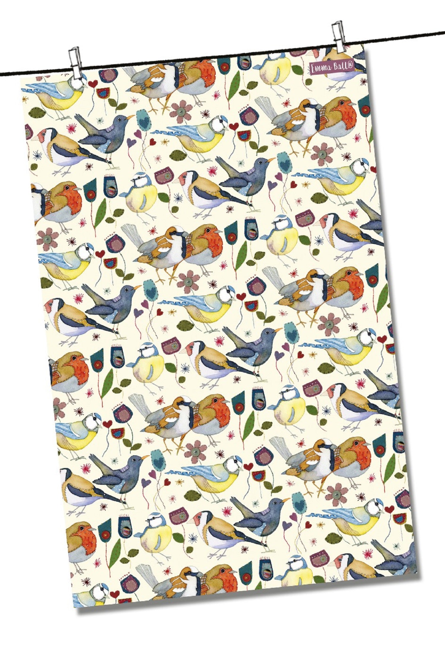 Emma Ball "Stitched Birdies", Pure cotton tea towel. Printed in the UK. - Home Landing