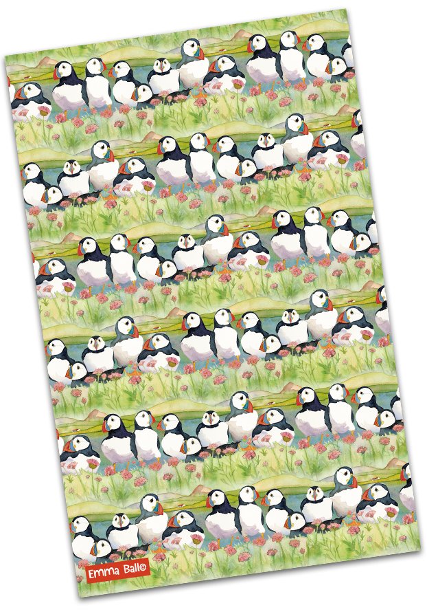 Emma Ball "Sea Thrift Puffins", Pure cotton tea towel. Printed in the UK.