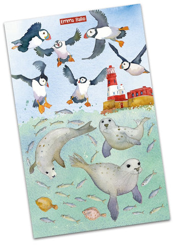Emma Ball "Swimming Seals", Pure cotton tea towel. Printed in the UK.