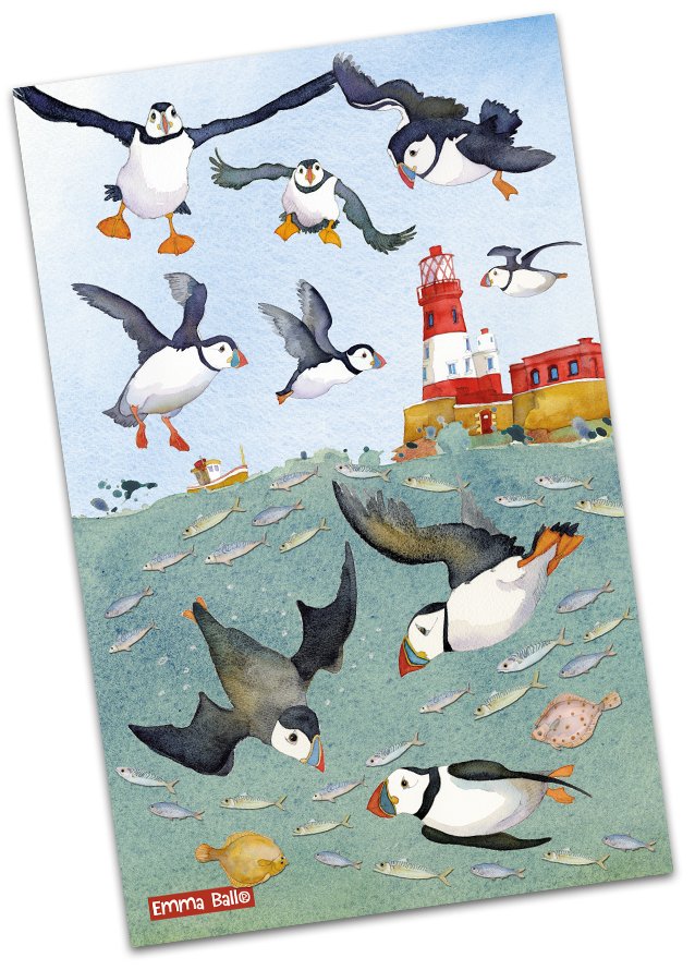 Emma Ball "Diving Puffins", Pure cotton tea towel. Printed in the UK.