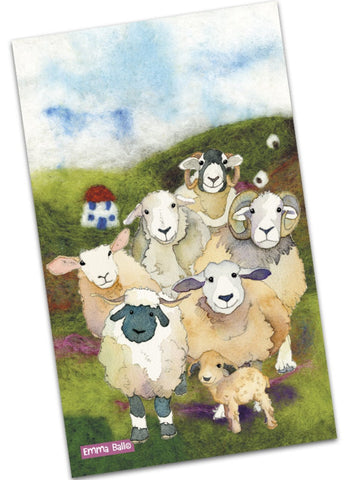 Emma Ball "Felted Sheep", Pure cotton tea towel. Printed in the UK.