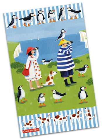 Emma Ball "Claire Henley Puffin Watching", Pure cotton tea towel. Printed in the UK.