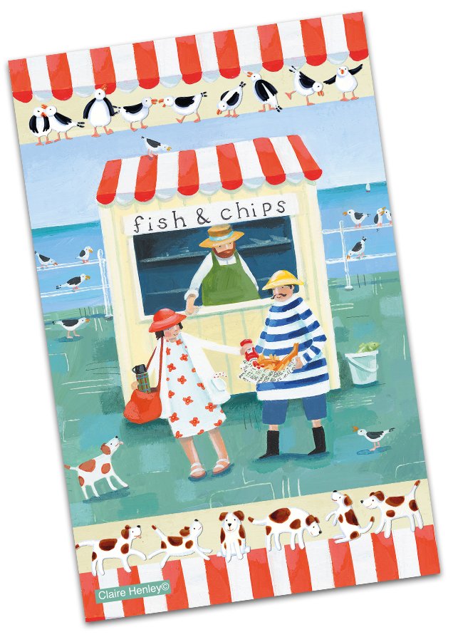 Emma Ball "Claire Henley Fish & Chips", Pure cotton tea towel. Printed in the UK.
