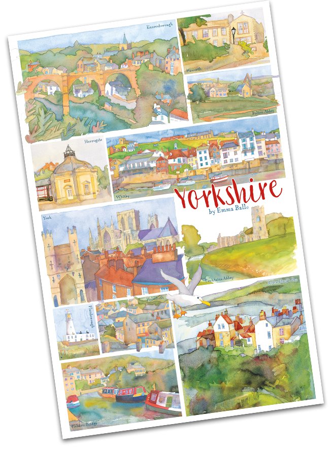 Emma Ball "Yorkshire 2", Pure cotton tea towel. Printed in the UK.