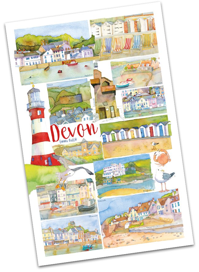Emma Ball "Devon", Pure cotton tea towel. Printed in the UK