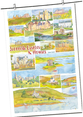 Emma Ball "Scottish Castles & Houses", Pure cotton tea towel. Printed in the UK. - Home Landing