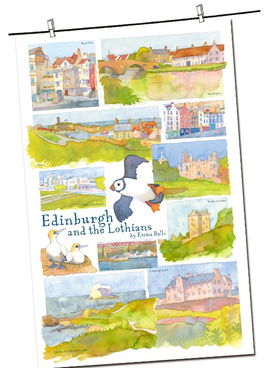 Emma Ball "Edinburgh & the Lothians", Pure cotton tea towel. Printed in the UK. - Home Landing