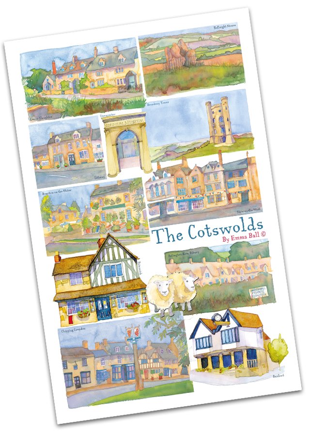 Emma Ball "Cotswolds", Pure cotton tea towel. UK printed.