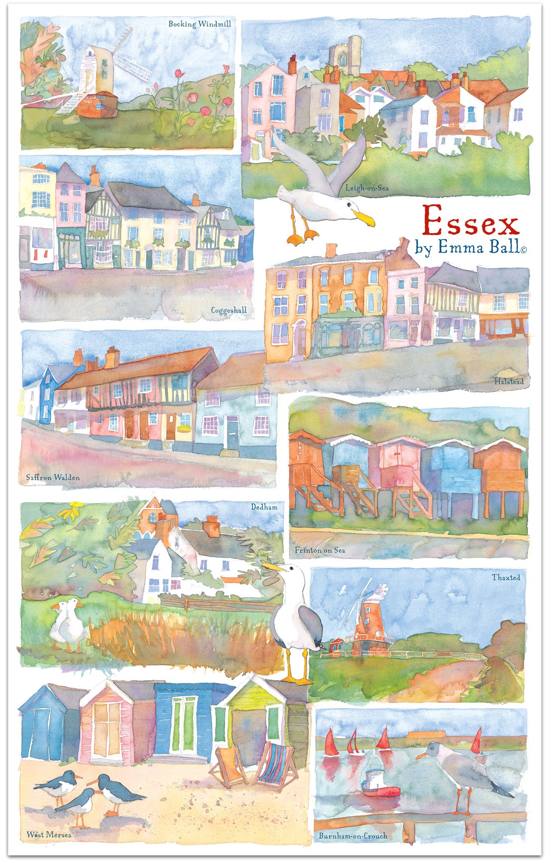 Emma Ball "Essex", Pure cotton tea towel. UK printed.