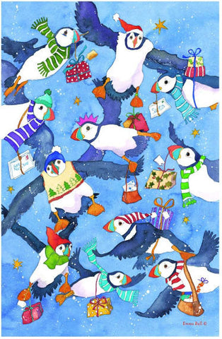 Emma Ball "Christmas Puffins", Pure cotton tea towel. Printed in the UK. - Home Landing