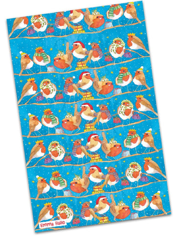 Emma Ball "Christmas Robins", Pure cotton tea towel. Printed in the UK.
