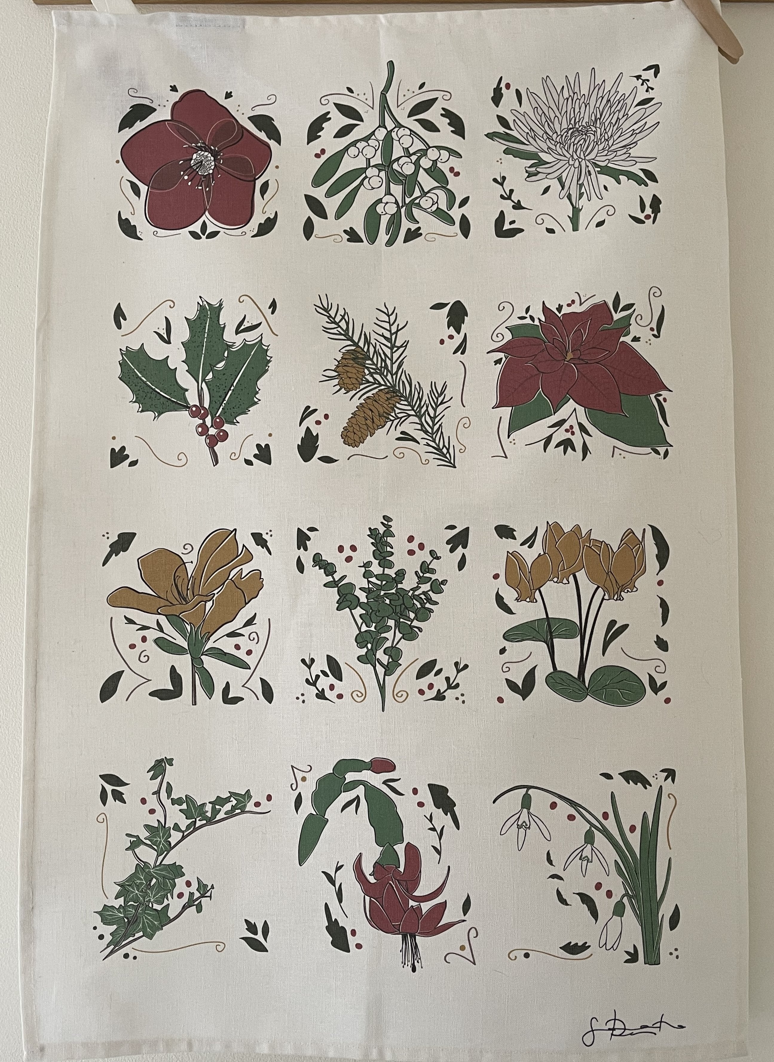 Home-Landing, “12 Florals of Christmas”, Linen union tea towel. UK printed.