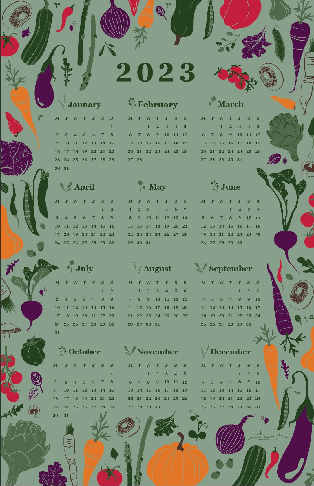 Home-Landing, “Garden Vegetables Calendar 2023”, Linen union tea towel. UK printed.