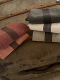 Charvet Éditions "Doudou Stripe" (White & Marron), White woven linen tea towel. Made in France.