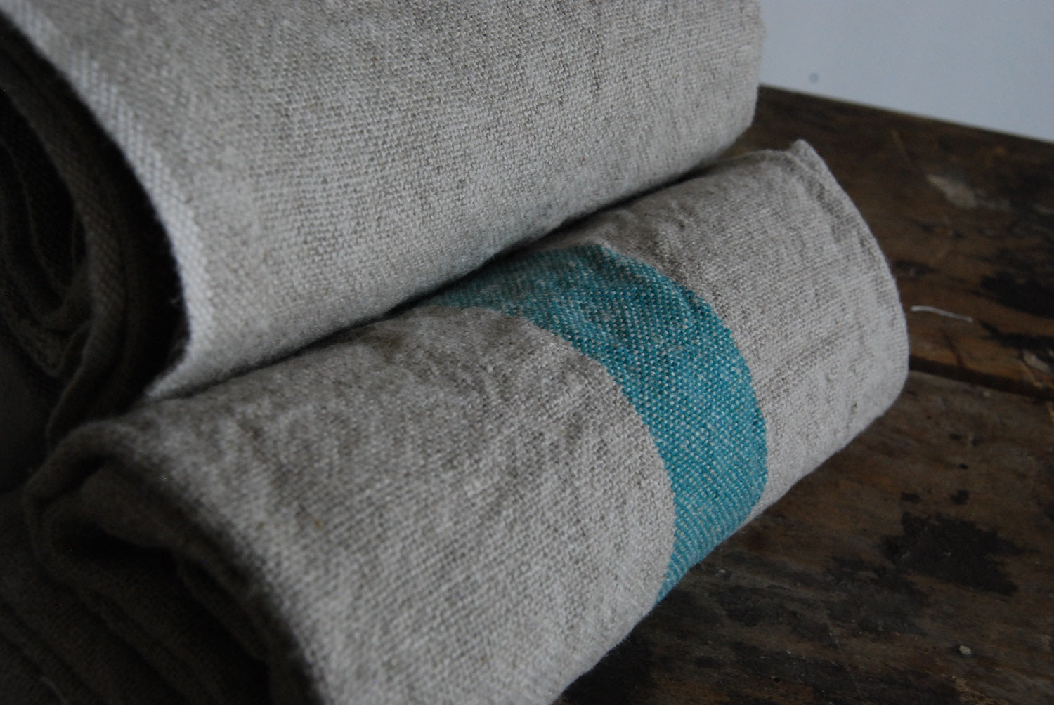 Charvet Éditions "Doudou Stripe" (Natural & Aqua), Natural woven linen tea towel. Made in France. - Home Landing