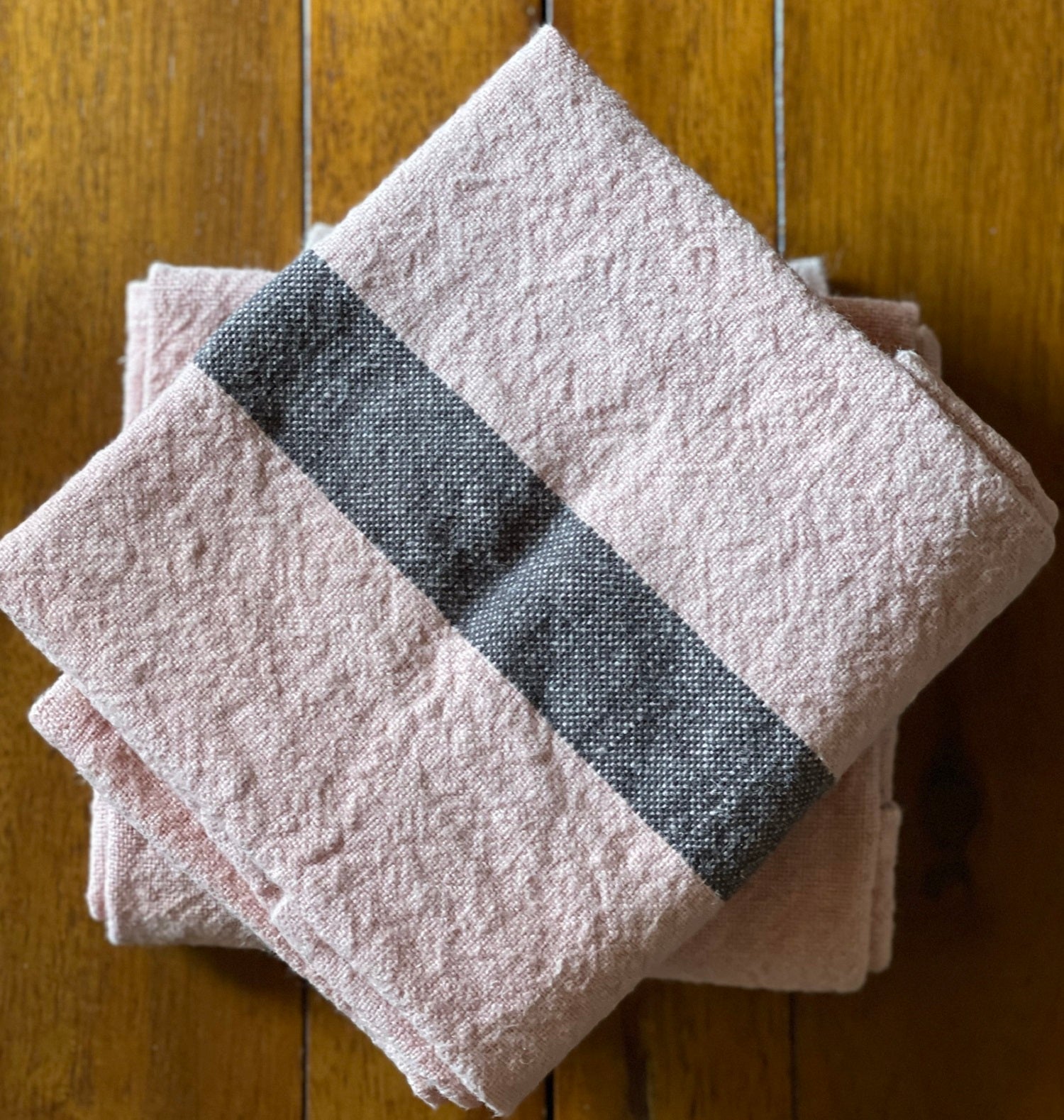 Charvet Editions "Doudou Stripe" (Petal & Marron), Natural woven linen tea towel. Made in France.