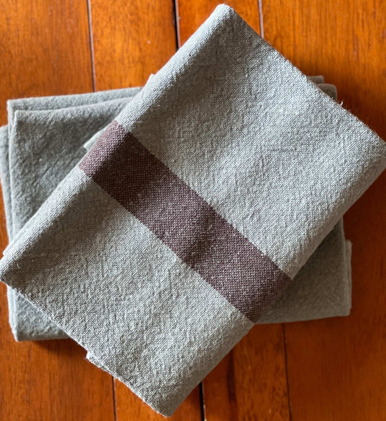 Charvet Editions "Doudou Stripe" (Vert-de-gris & Marron), Natural woven linen tea towel. Made in France.