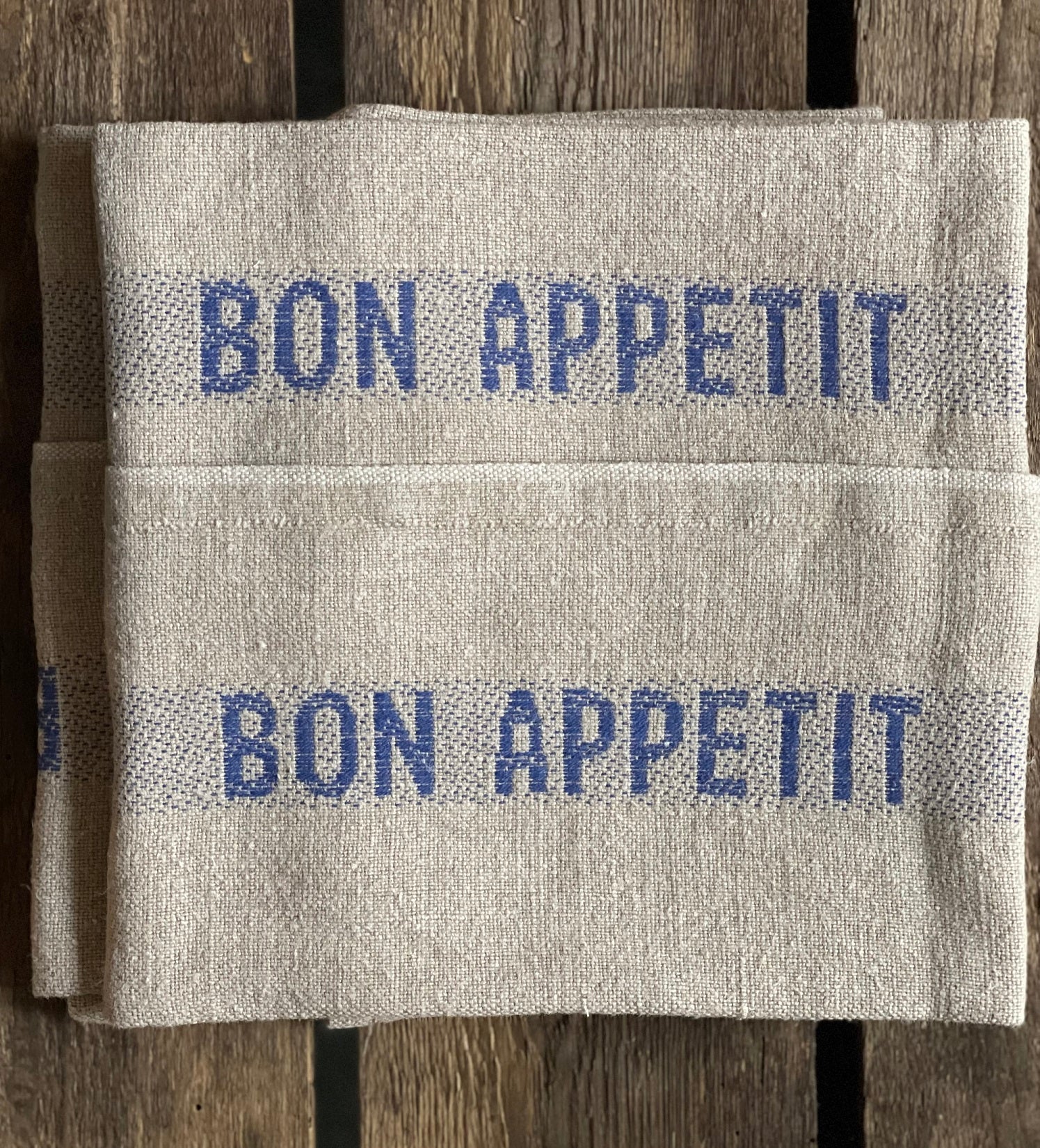 Charvet Editions "Bon Appetit" (Blue), Natural woven linen tea towel. Made in France.