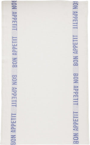 Charvet Éditions "Bon Appetit" (Blue), White woven linen tea towel. Made in France.