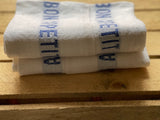 Charvet Éditions "Bon Appetit" (Blue), White woven linen tea towel. Made in France.
