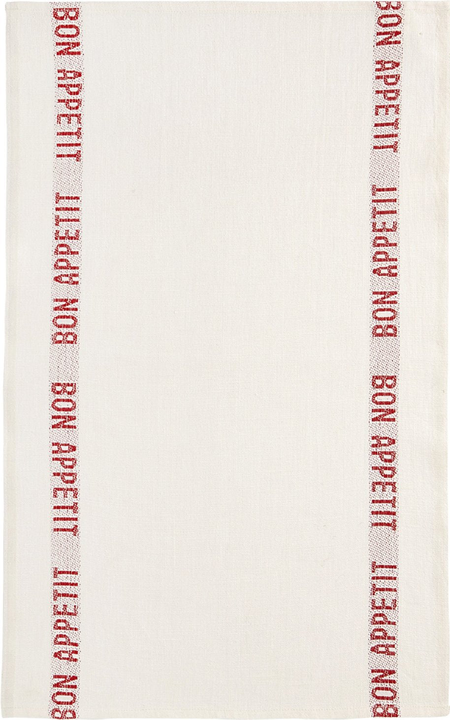 Charvet Editions "Bon Appetit" (Red), White woven linen tea towel. Made in France.