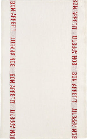 Charvet Éditions "Bon Appetit" (Red), White woven linen tea towel. Made in France.