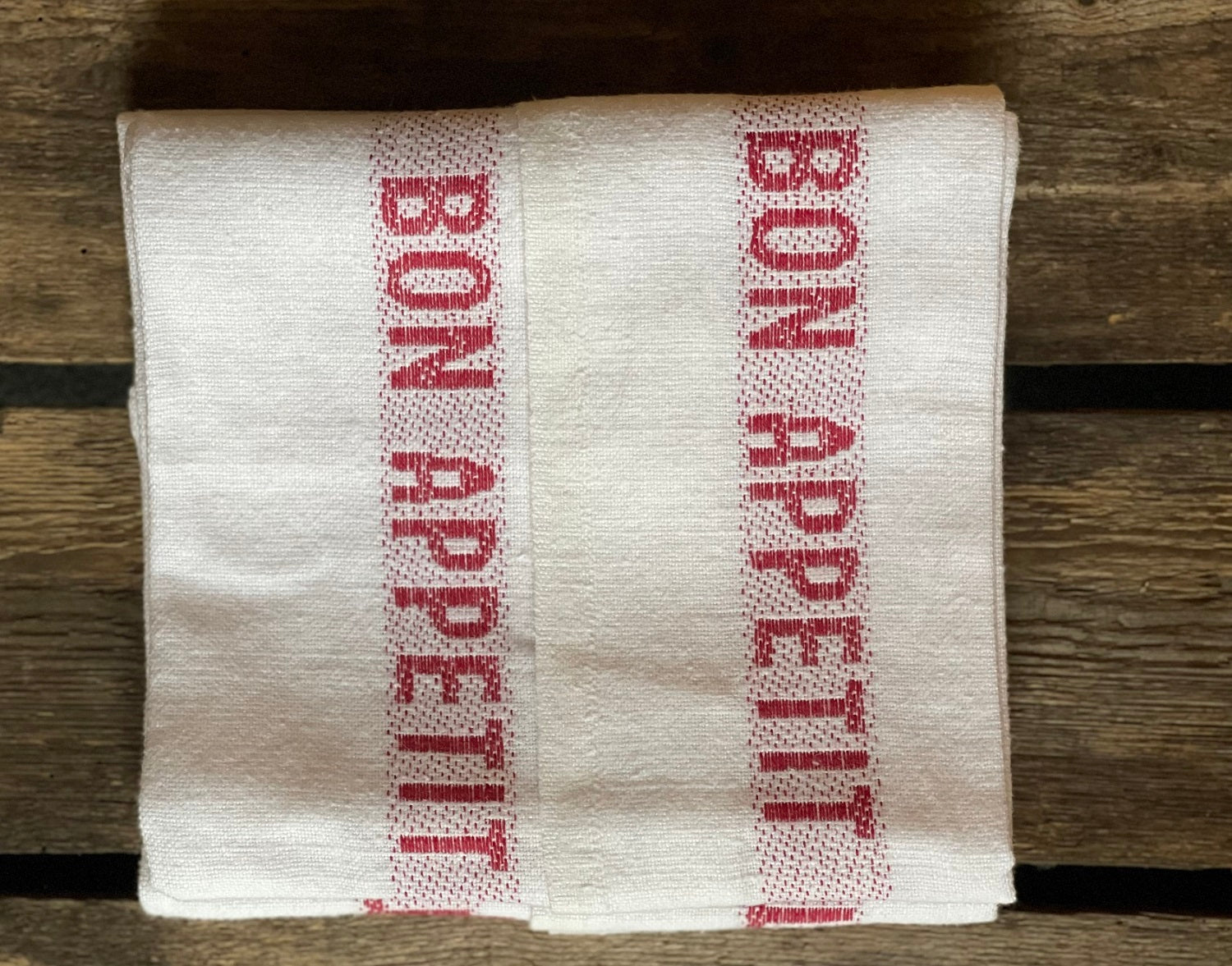 Charvet Editions "Bon Appetit" (Red), White woven linen tea towel. Made in France.