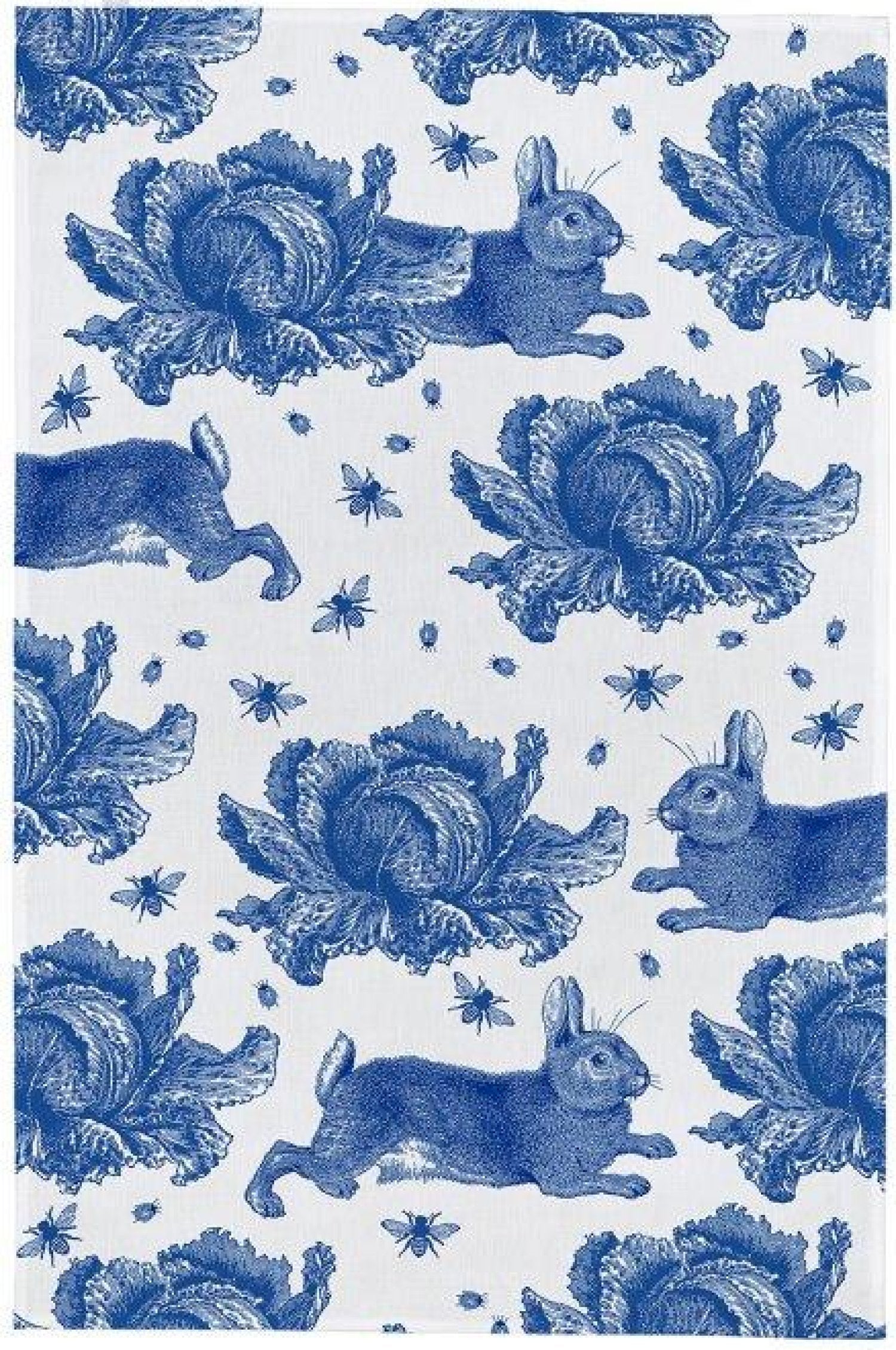 Thornback & Peel "Rabbit & Cabbage Delft Blue", Pure cotton tea towel. Hand printed in the UK.