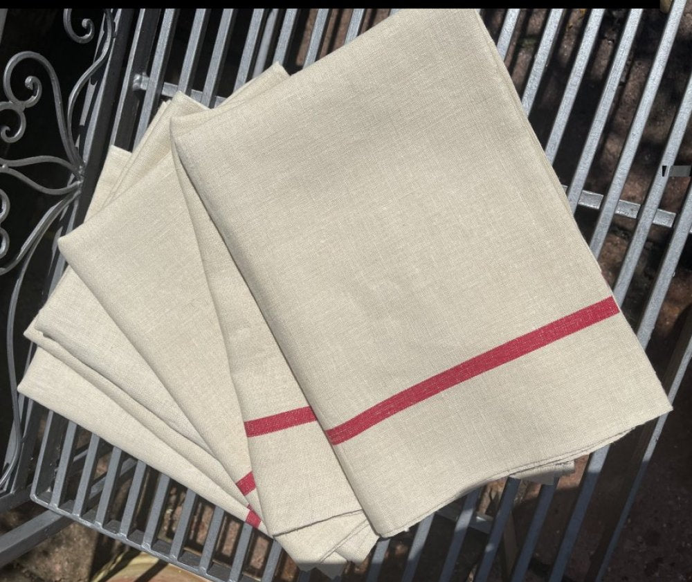 French Tea Towel, “French Vintage Natural & Red” Woven linen tea towel. Made in France.