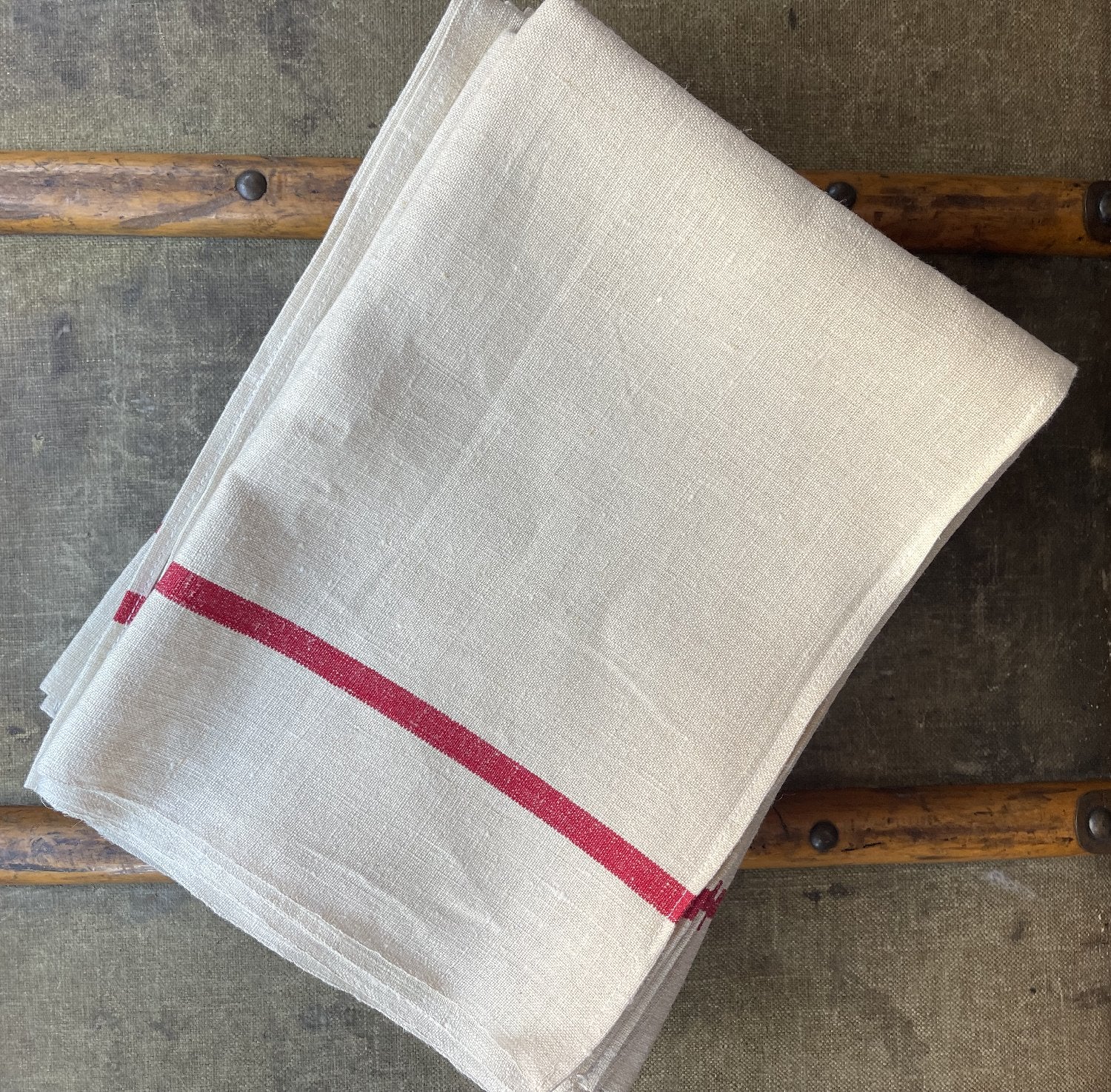 French Tea Towel, “French Vintage Natural & Red” Woven linen tea towel. Made in France.