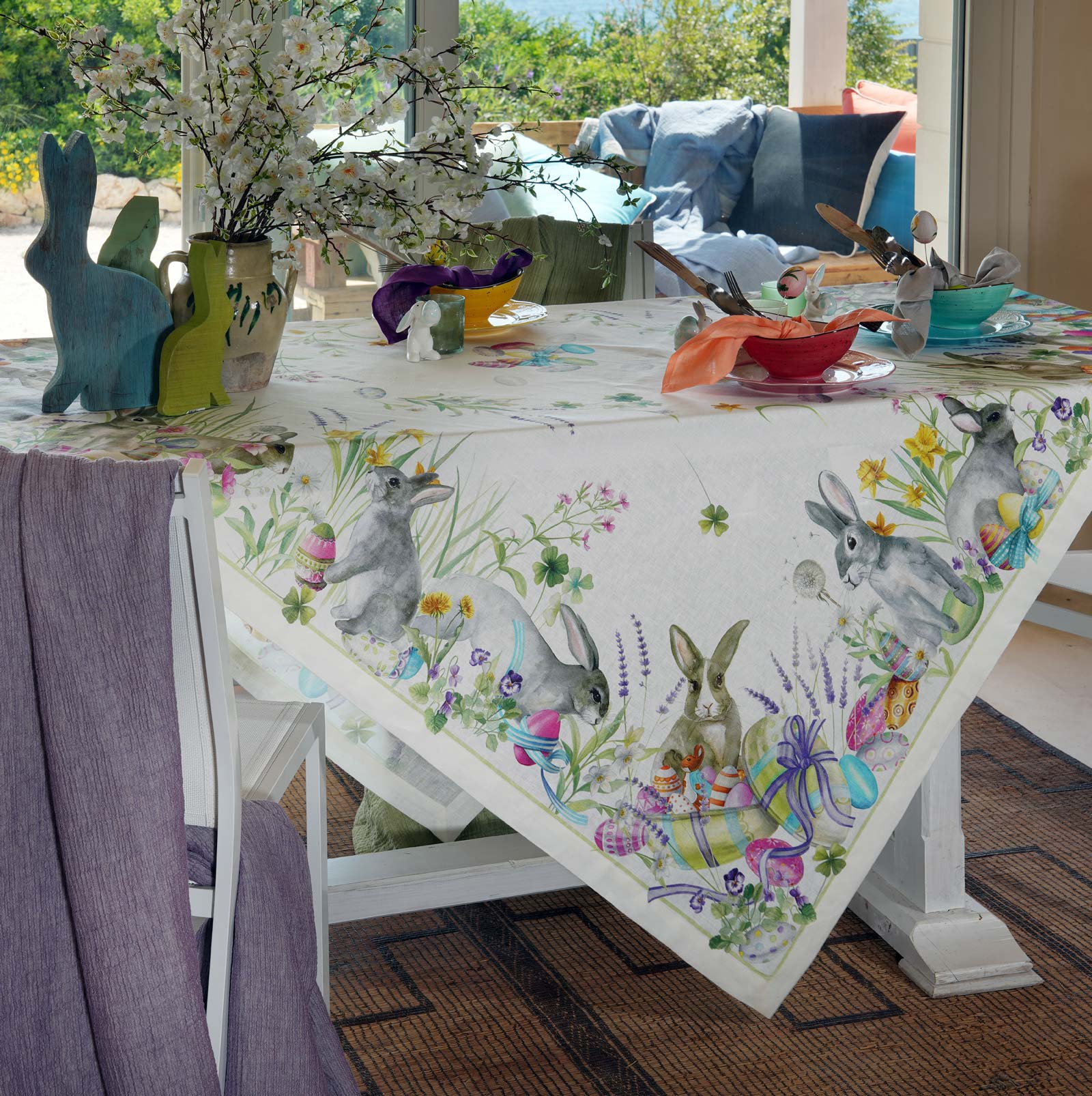Tessitura Toscana Telerie, “Roger - Green”, Pure linen printed tablecloth.