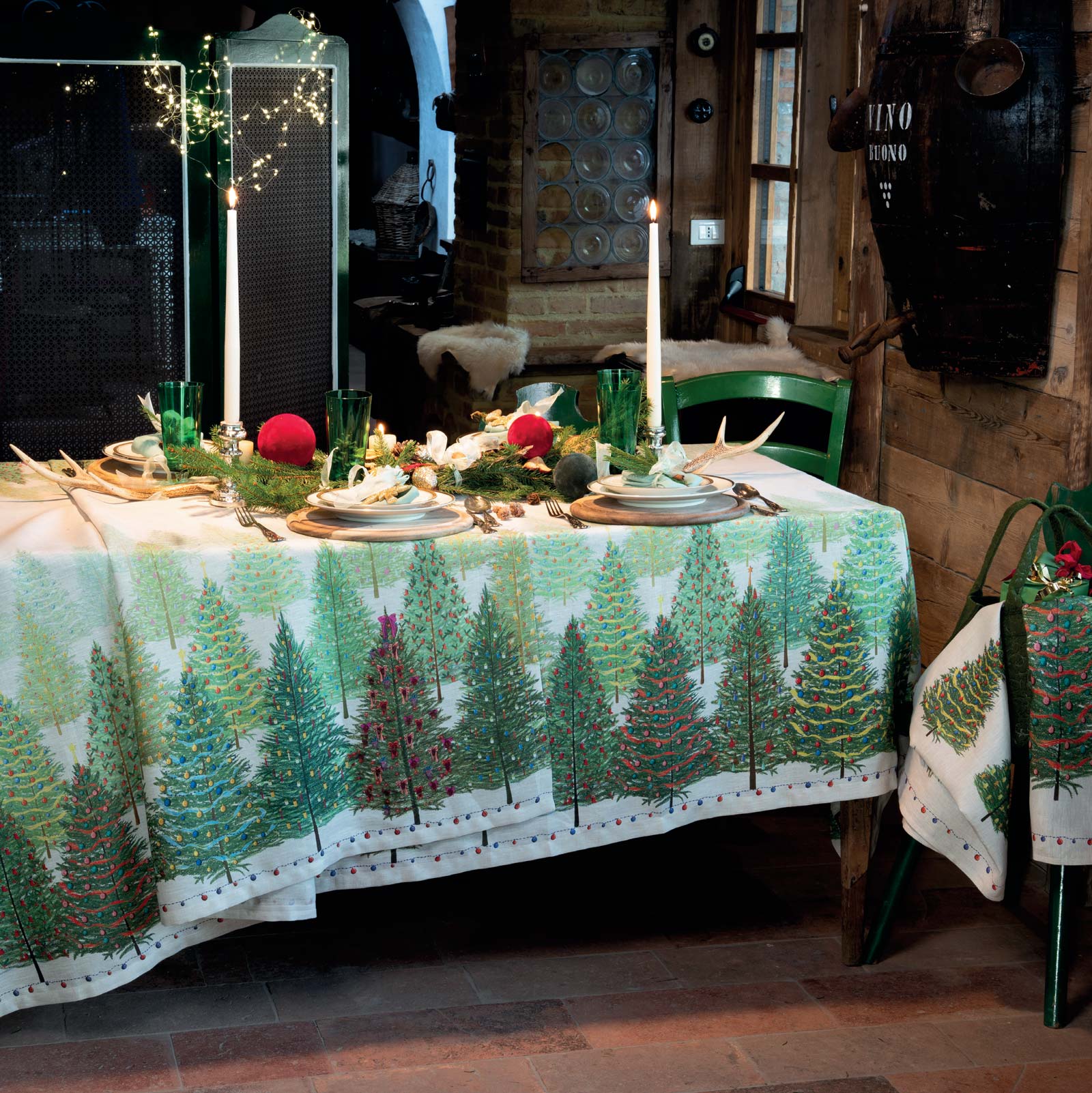 Tessitura Toscana Telerie, “Fairy Trees”, Pure linen printed tablecloth.