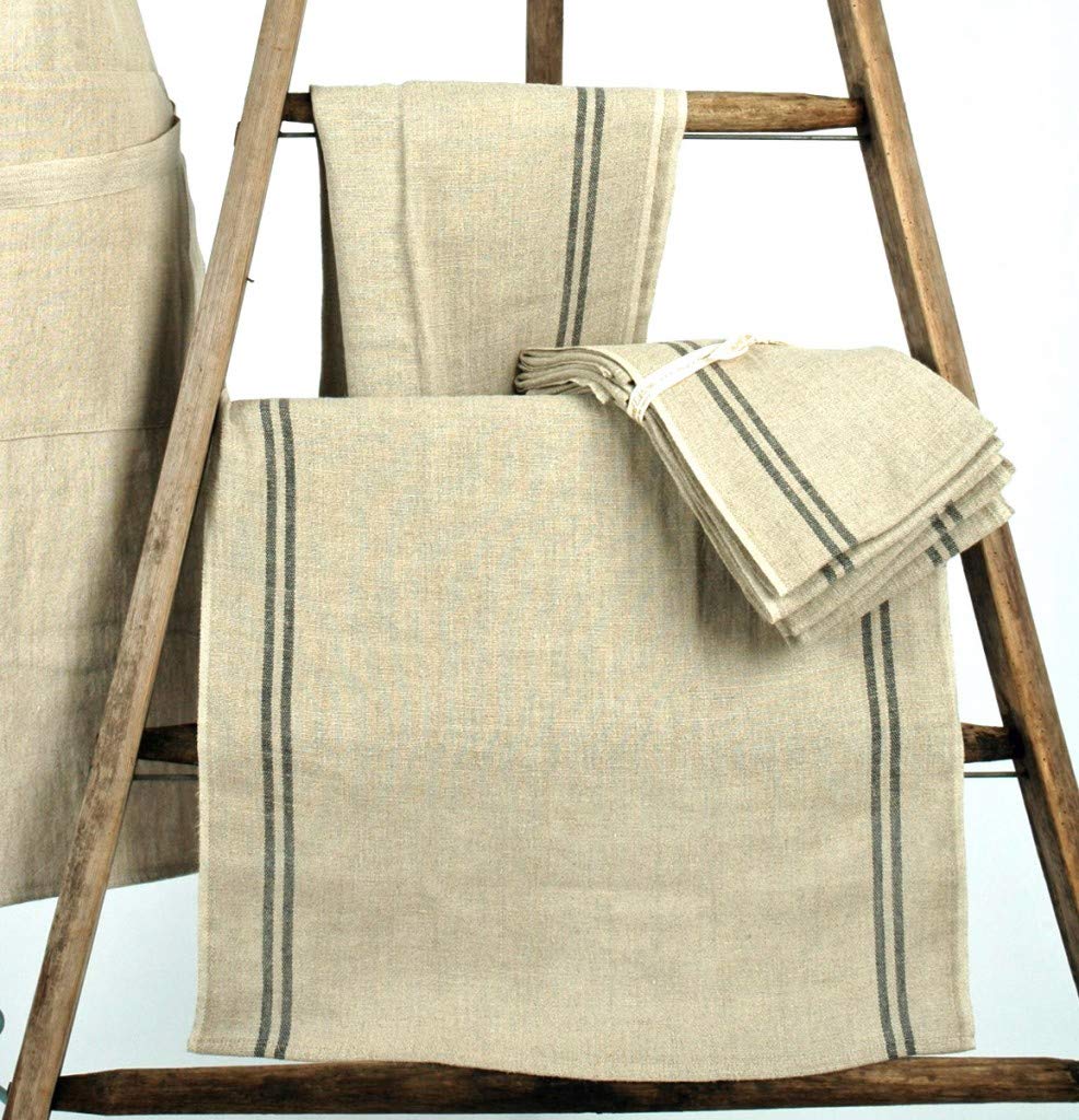 Charvet Éditions "Country" (Black), Natural woven linen tea towel.  Made in France. - Home Landing
