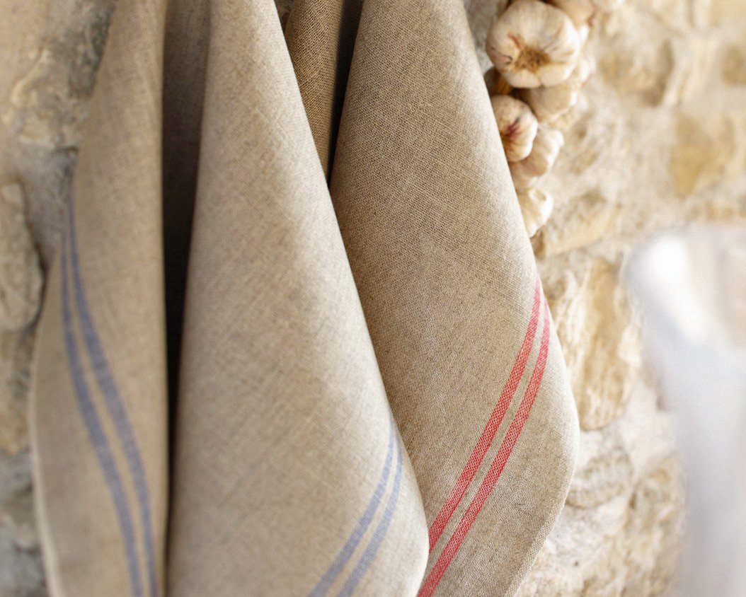 Charvet Éditions "Country" (Red), Natural woven linen tea towel. Made in France. - Home Landing