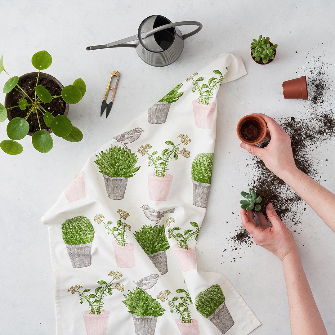 Thornback & Peel "Cactus & Bird", Pure cotton tea towel. Hand printed in the UK. - Home Landing