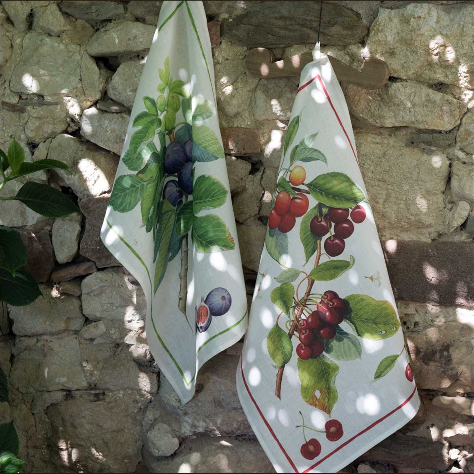 Tessitura Toscana Telerie, “Demetra - Ciliegie”, Pure linen printed tea towel. - Home Landing