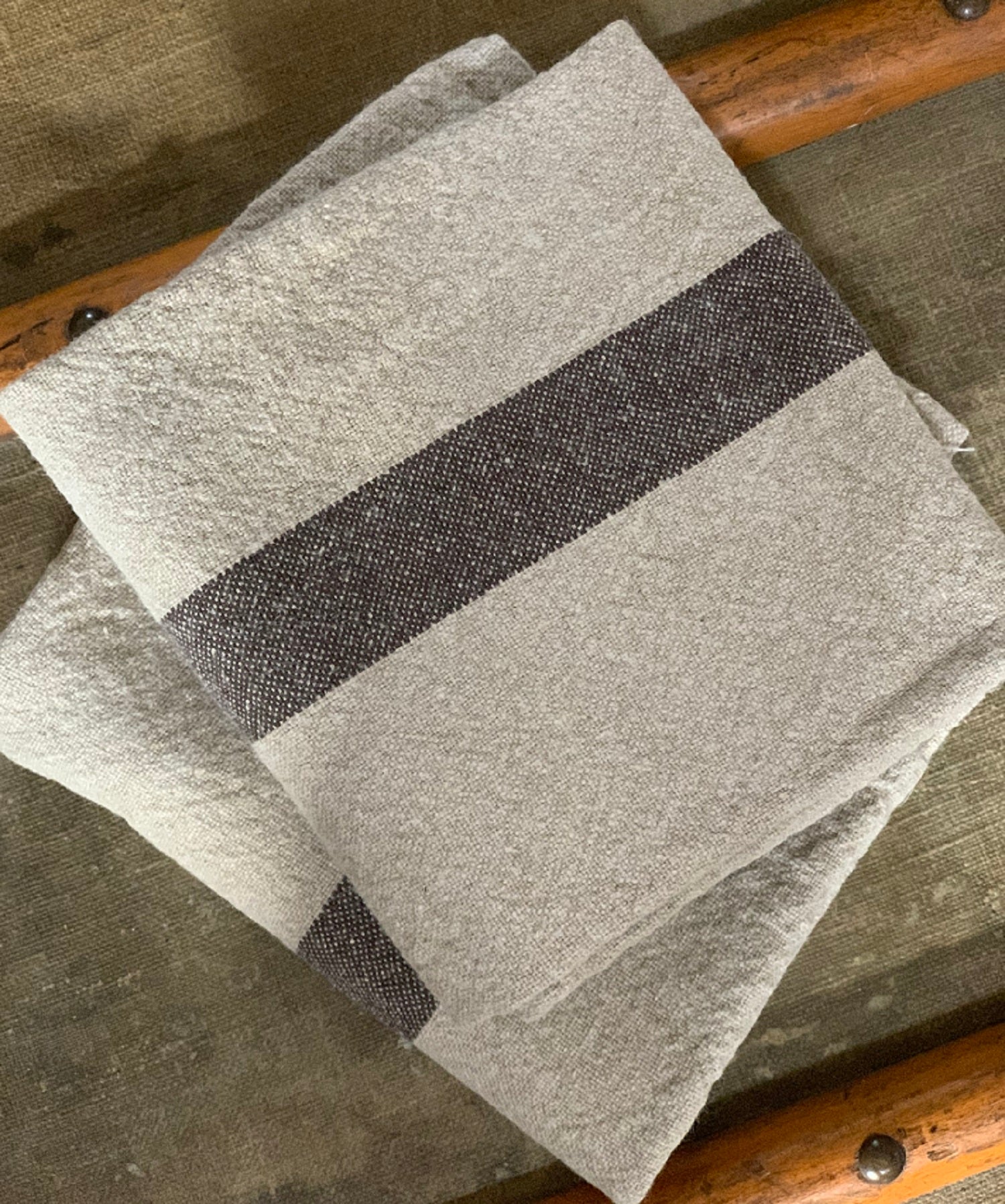 Charvet Éditions "Doudou Stripe" (Natural & Marron), Natural woven linen tea towel. Made in France. - Home Landing