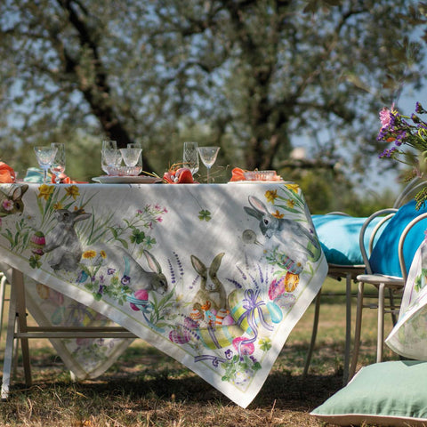 Tessitura Toscana Telerie, “Roger - Green”, Pure linen printed tablecloth.