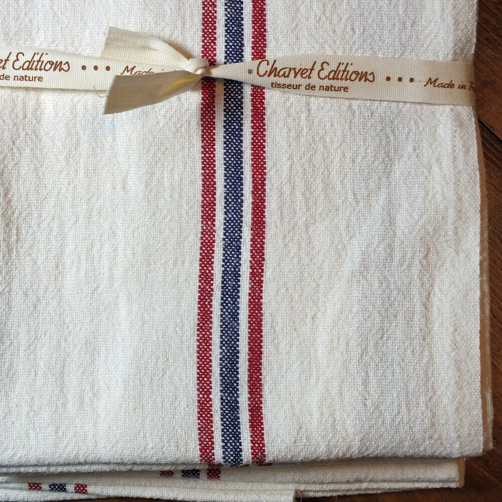 Charvet Éditions "Drapeau - Blanchi", White woven linen tea towel. Made in France. - Home Landing